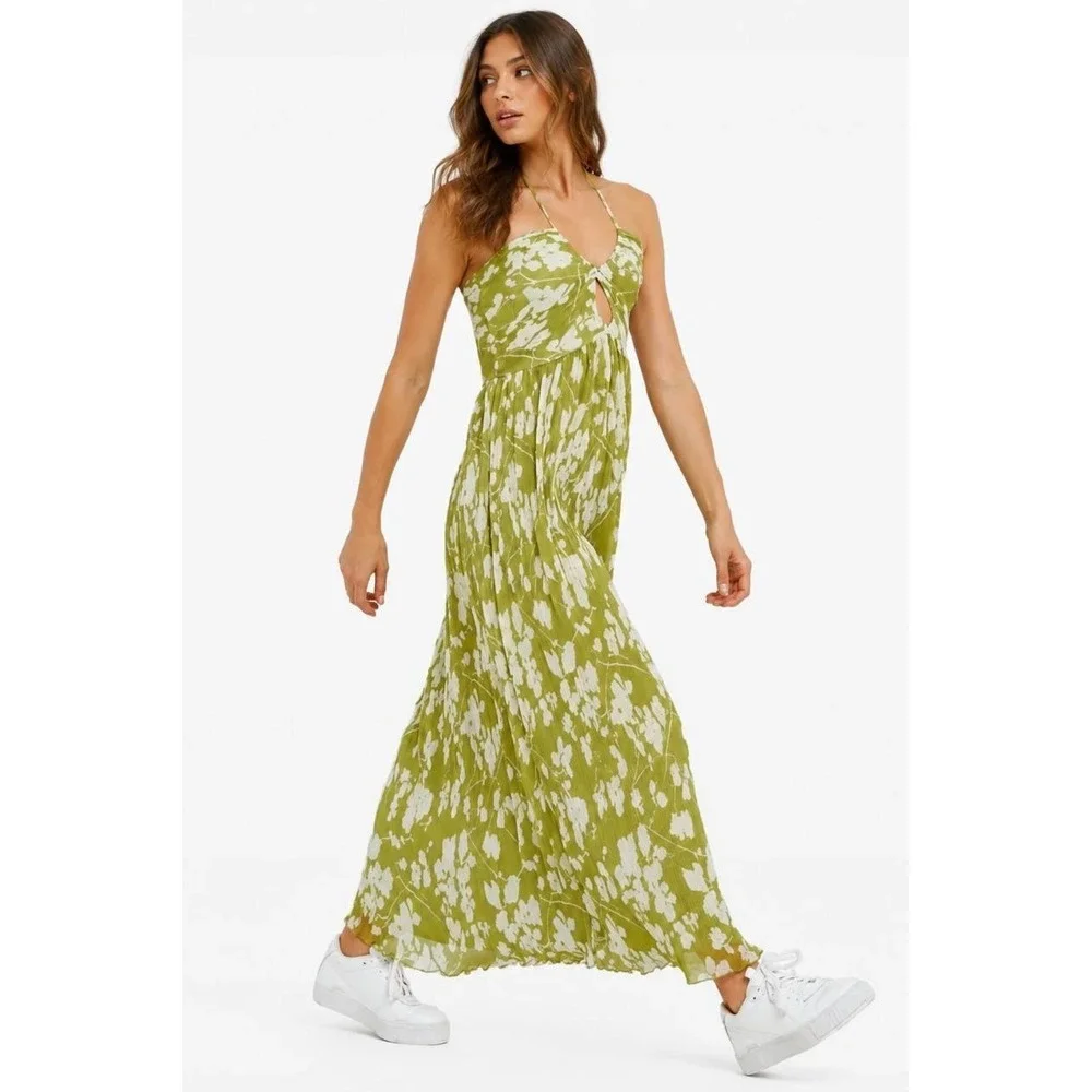 ABERCROMBIE & FITCH Women's Maxi Dress Halter XL Floral Green White Pleated